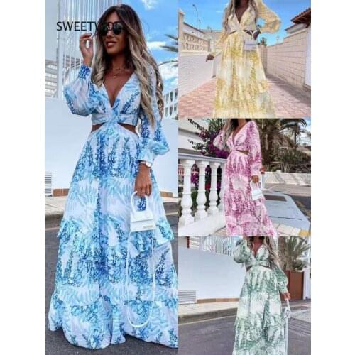 Women Sexy Deep V-Neck Hollow Out Party Dress Ladies Elegant Tie-Dye Ruffle Maxi Dresses Fashion Casual Long Sleeve Loose Dress