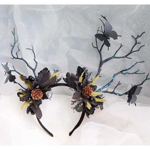 10pcs Party LED Gothic Black Halloween Elk Antler Deer Ear Horn Headband Hair Accessories Bat Butterfly Flower Retro Cosplay