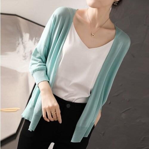 100% Tencel Knitted Cardigan Women 2021 Summer Wild Ultrathin Female Loose Fashion V-neck Short Sleeve High-grade Shirt