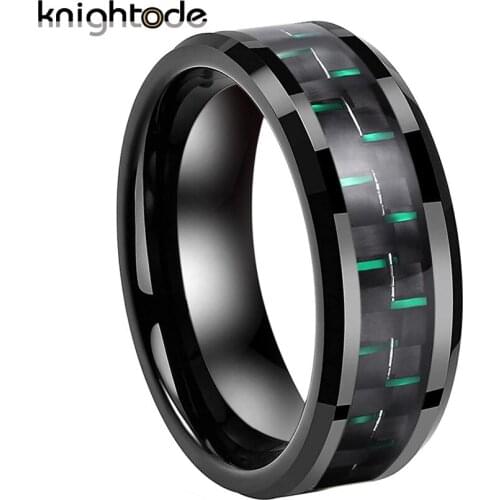 8mm Black Tungsten Carbide Ring Wedding Band Black/Green Carbon Fiber Inlay For Men Women Engagement Ring Beveled Edges Polished