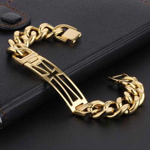 Hollow Cross Gold Stainless Steel Sturdy Bold Curb Cuban Link Chain Bracelets Mens Bangle Bracelet Hombre Jewelry Husband Gifts