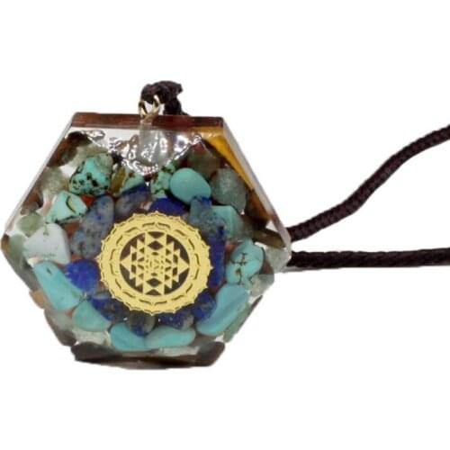 FYJS Unique Light Yellow Gold Color Hexagon Stone and Resin Pendant Rope Chain Necklace Orgone Energy Jewelry