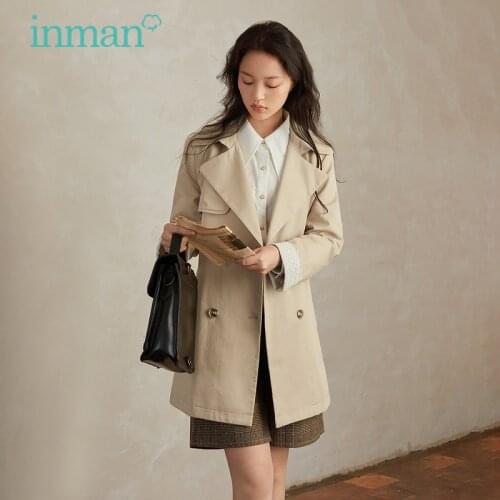 INMAN Autumn Womens Windbreaker With Belt Classic Minimalist Turnover Collar Chic Cuffs Design Loose Buttons Khaki Coat
