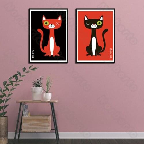Modern Style Canvas Painting and Posters Wall Two Cute Cats Red Cat and Black Cat for Living Room Bedroom Restaurant Decoration
