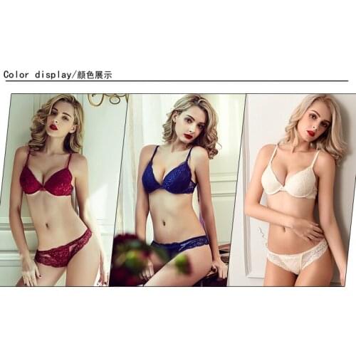 Womens Knicker Push Up Lace Bra Sets Lady Lingerie Plunge Underwired Padded Cup Bra 32-36ABC Brassiere Bralette Embroidery Panty