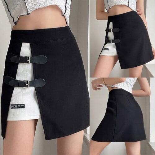 Leather Buckle Fashion Streetwear Skirt High Waist Patchwork A-Line Skirts Harajuku Women Club Party Bottoms