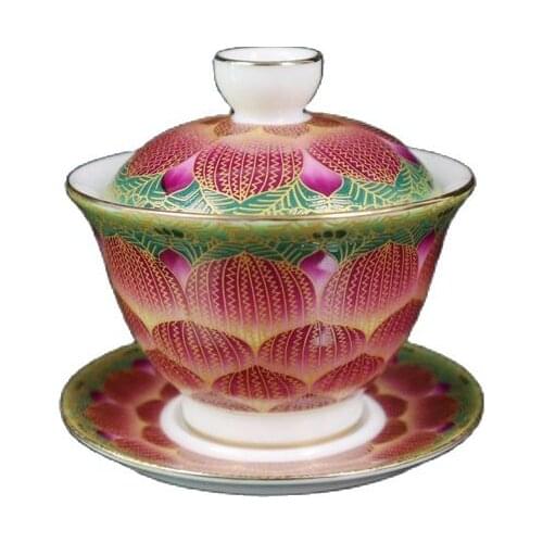 Chinese Porcelain Covered Bowl with Gold Famille Rose Pattern