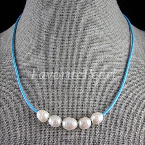 New Arrival Favorite Pearl Necklace White Natural Freshwater Pearl Deep Sky Blue Leather Necklace Wedding Party Fine Jewelry