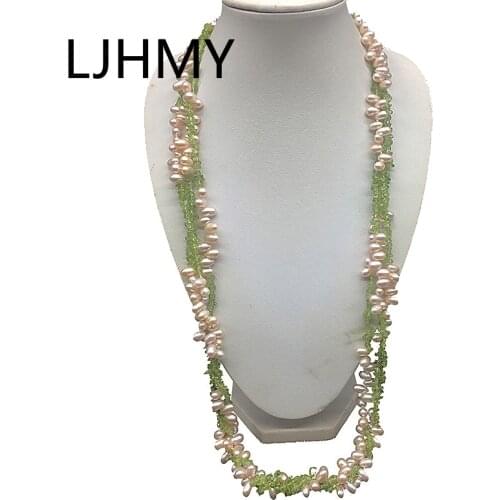 3 Strands Layered Pink Freshwater Cultured Pearl Peridot Semi-precious Stone Long Necklace Statement Necklace Women 75cm Long