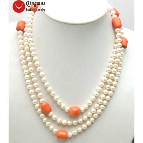 Qingmos Natural White Pearl Necklace for Women with 6-7mm Round Pearl 10mm Slice Pink Coral Necklace 60" Long Necklace