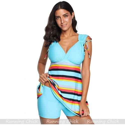 Striped split swimsuit girl, two-piece set conservative belly-covering thin skirt-style hot spring vacation swimsuit