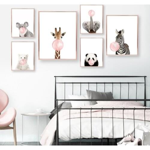 Pink Bubble Gum Giraffe Zebra Safari Animals Posters Canvas Painting Wall Art Nursery Decorative Pictures Prints Kids Room Decor