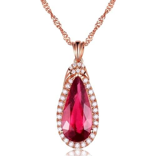 RUBY GEMSTONES 5A ZIRCON DIAMOND PENDANT NECKLACES FOR WOMEN WATER DROP RED CRYSTAL ROSE GOLD CHOKER CHAIN JEWELRY BIJOUX BAGUE
