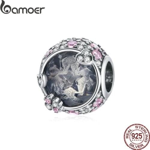 Bamoer Romantic Wedding 925 Sterling Silver Pink Zircon Star Pattern Bead Charm for Original Bracelet Bangle DIY Jewelry SCC1809