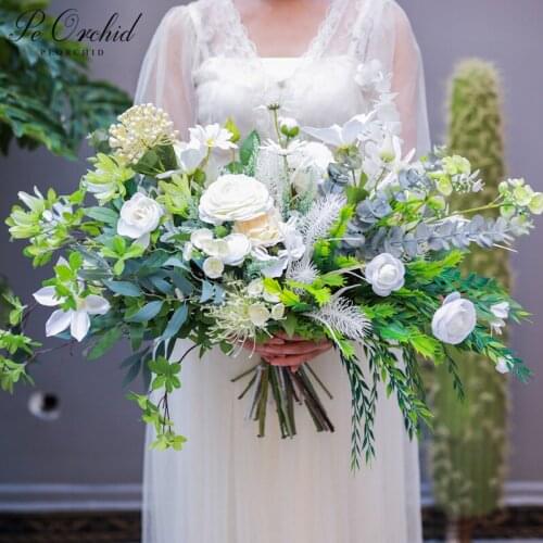 PEORCHID Romantic Green&White wedding flowers Bridal Bouquets Artifical Camellia Eucalyptus Trouwboeket 2021 Ramo De Novia Boda