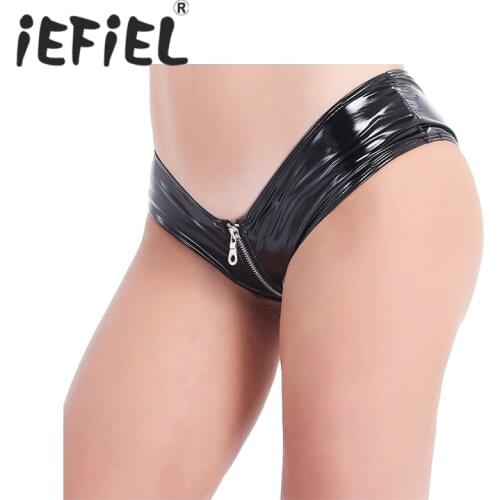 Sexy Women Ladies Bikini Thongs Briefs Lingerie Shiny Patent Leather Zipper Crotch Low Rise Triangle Briefs Underwear Underpants