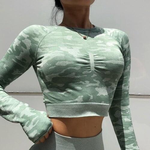 Comfortable and breathable female camouflage body-slim running fitness clothes with hollow out back sports yoga T-shirt