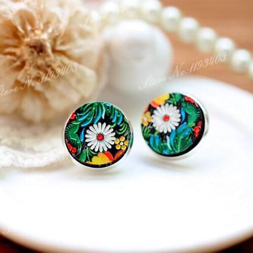 Unique 3D Flower Embossed 16mm Round Coloured Drawing pattern Laser Cut wood Cabochon DIY for Rings, Earring,Brooch,Necklace
