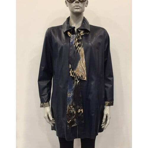 Womens Genuine Leather Navy Blue Jacket Real Sheepskin Casual Double Sided Plus Size Waterproof Naturel Coat Removanle Scarf