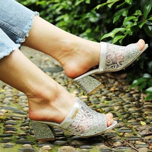 2021 Glitter Mesh Women Sandals Summer Fashion Peep Toe Casual Slippers Thick Heel Women Shoes Slip On Plus Sizes