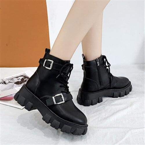 New Autumn Chunky Sneakers Women Black Platform Boots Metal Buckle Lace Up Ladies PU Leather Ankle Boots Female Motorcycle Botas