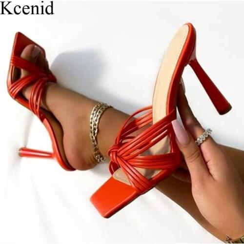 Kcenid 2021 New Summer Fashion Design Narrow Band Women Slippers Sexy High Heels Peep Toe Ladies Mules Slides Shoes Big Size 42