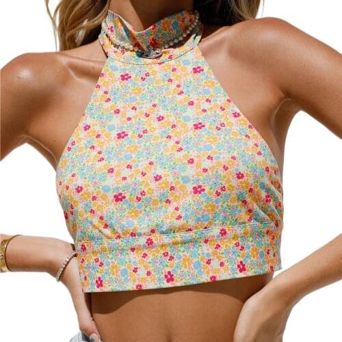 2021 Fashion Floral Print Halter Tank Top Women Sleeveless Backless Bandage Crop Top Holiday Summer Casual Tie Up Camis Tops