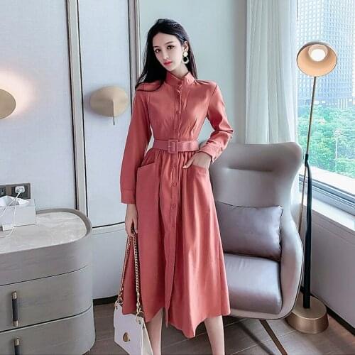 Comelsexy 2021 Autumn Winter Woman Dress Vintage Belt Pockets Long Party Dresses Womens Buttons Slim Pure Color Midi Shirt Dress
