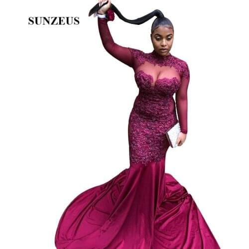 Beaded Appliques Lace Prom Dresses 2019 Black Girls Long Mermaid Party Gowns Wine Red Long Sleeves High Neck Dress For Prom
