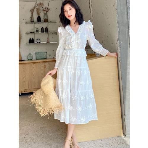 Jastie French Floral Embroidered Dress Ruffle V-Neck Long Sleeve Autumn Women Dresses High Quality Elegant Female Vestidos