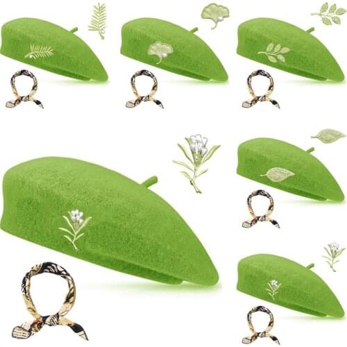 Beret Hat Women Bonnets Green Leaf Brooch Style Woolen Cap Ladys Autumn And Winter Solid Color Beanie Warm Cap