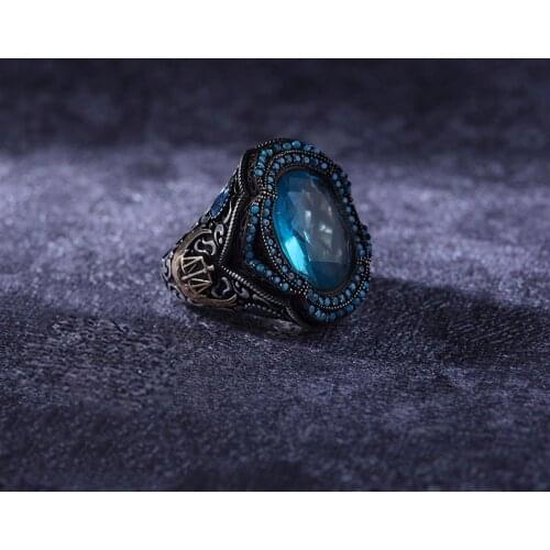 Turquoise 925 Sterling Silver Engraved Special Craftmanship Traditional Handmade Turkish Signet Ring Jewelry Gift for Women Men