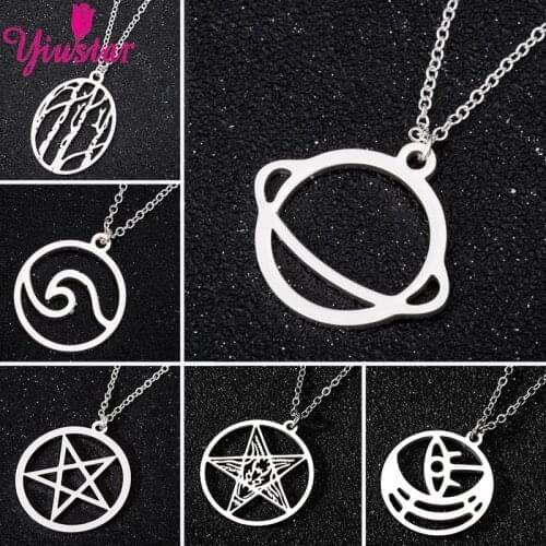 Colorless Stainless Steel Round Star Gold Silver Color Ladies Necklace Pendant Geometric Planet Chain Jewelry Gift Pendientes