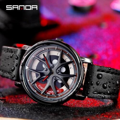 SANDA Fashion Men Car Rim Hub Watch Custom Design Car Wrist Watch Waterproof Leather Wheel Rim Rotating Dial Relogio Masculino