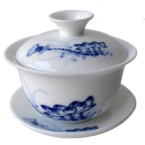 Gaiwan 150ml Lotus tureen teacups Blue white porcelain traditional chinese tea set lid cups saucer teaware San cai cover bowl