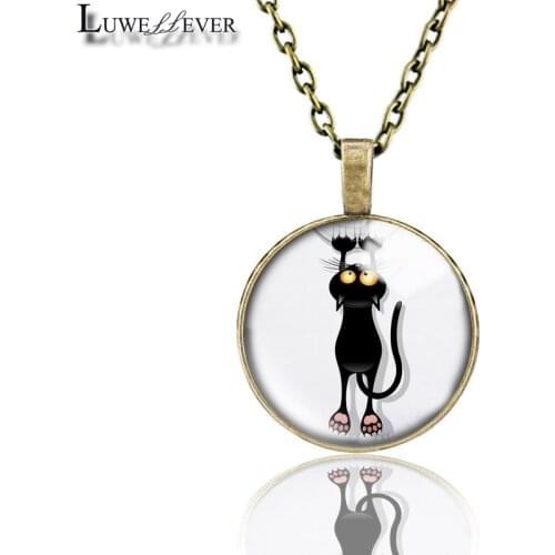 Black Cat Necklace 703 25mm Bronze 30mm Wood Rhinestone Double-sided Moon Round Glass Pendant For Women Gift