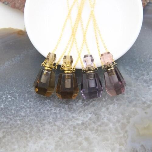 Smoky/Purple Quartz Perfume Bottle Pendant Necklace Jewelry Keepsake,Healing Crystal Essential Oil Diffuser Vial For Women Gift