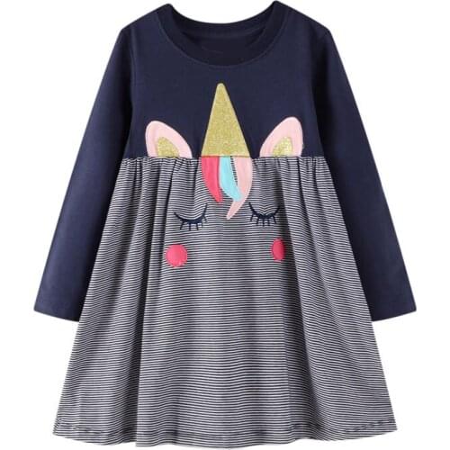 New Autumn Toddler Girls Clothes Unicorn Patchwork Stripe Dresses Baby Kids Cartoon Rainbow Rabbit Print Cotton Dress Child Tops