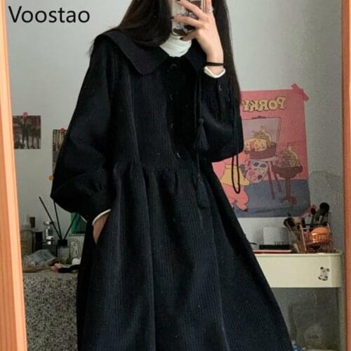 Autumn Women Japanese Gothic Dark Lolita Dress Vintage Preppy Sweet Girl Peter Pan Collar Lace-Up Party Dress Spring Vestidos