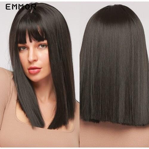 Emmor Black Bobo Synthetic Wig with Bangs Short Straight Lolita Hair Wigs for Women Natural Cosplay Heat Resistant Wigs