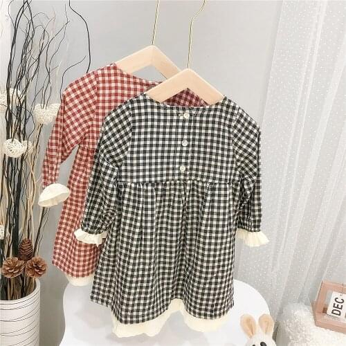 2-7 Y Toddler Girls Dress Spring New Baby Kids Long Sleeve Dress Korean Plaid Fake Two Cotton Dress for Girls Children Clothing