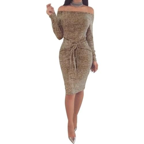 Sexy womans long dresses slash neck collar sheath long sleeves slim solid color plus size youth dress spring knee-length