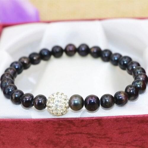 Charms Pendants Pearl Bracelet Strand Elastic Bangle For Women Black Natural Freshwater Pearls Beads 7-8mm Jewelry 7.5inch B3125