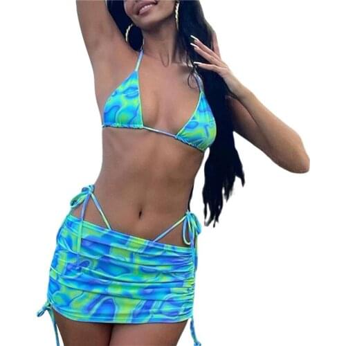 Sexy Women Tie Dye Bikini Bathing Suits Bra Hip Mini Beach Skirts 2PCS Summer Push Up Padded Swimwear Set Swimming Costume