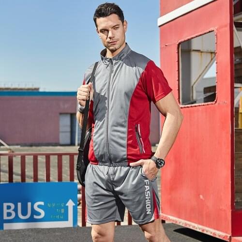 New Tracksuit Mens Sportswear Patchwork Short Sleeve Zipper TShirt Shorts Sets Fashion Male Sportsuit Clothes Sweat Suits ST117