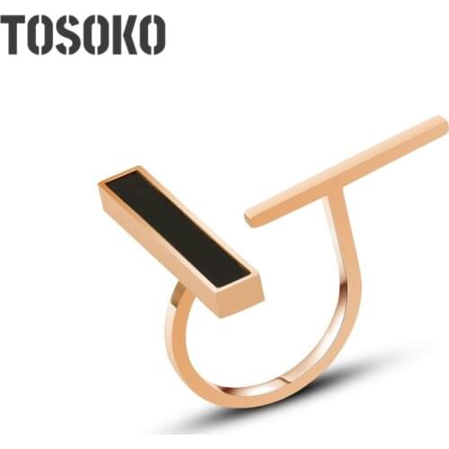 TOSOKO Stainless Steel Jewelry Special Shaped Irregular Black Shell T-Shaped Opening Ring Lady Elegant Ring BSA202