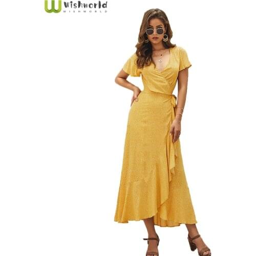 Wishworld Wummer New Sexy V-neck Irregular Skirt Chiffon Print Dress Fashion Women Loose Fishtail Long Skirt Party Dresses