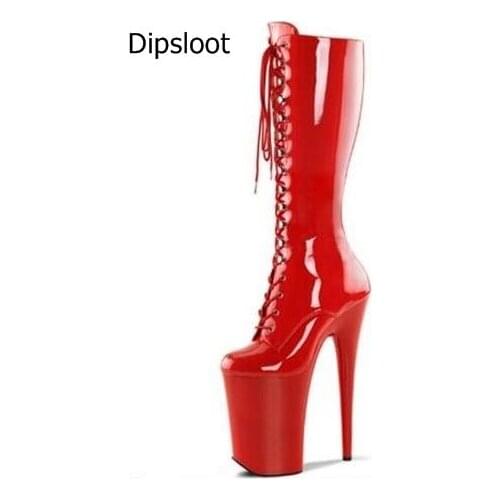 Drop Shipping New Women Fashion Red Black Patent Leather PU Platform Waterproof Lace Up Front Mid-calf 15 cm /20 cm heels Boots