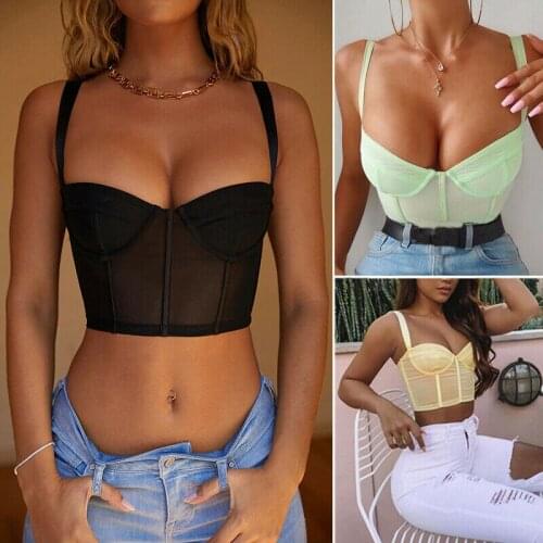 Womens Sexy Mesh Sheer See-through Tank Tops Bustier Bra Vest Crop Top Bralette Strap Singlet Top Summer Fashion Casual Top