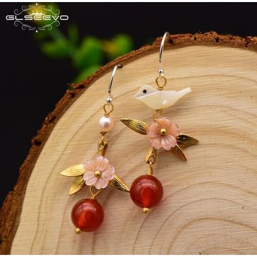 GLSEEVO Original Natural Jade Red Stone Dangle Earrings For Women Leaf Party Gift Flower Bird Drop Earrings Fine Jewelry GE0602